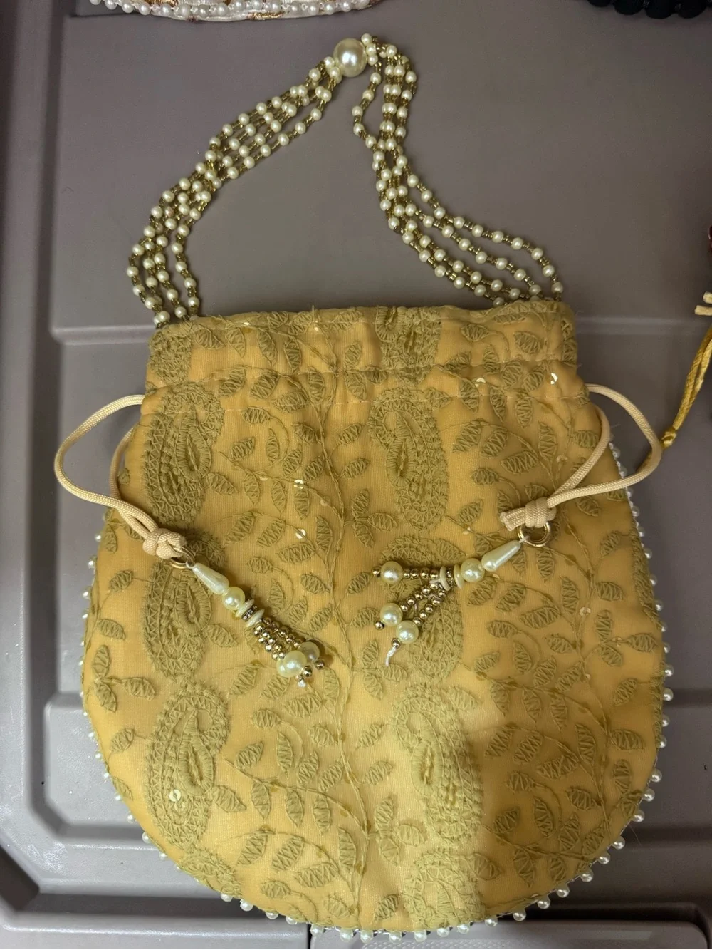 Mustard Embroidered Beaded Drawstring Clutch